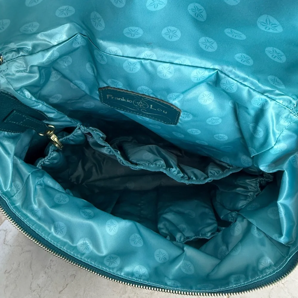 Frankie Lou Leather Maria Backpack diaper bag teal
